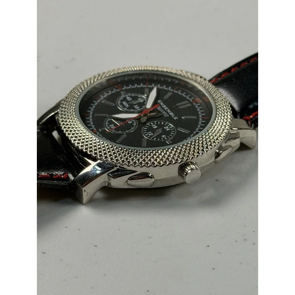 Ensemble Quartz Men’s Watch Black Dial Silver Tone 42.7mm Leather Strap Runs
